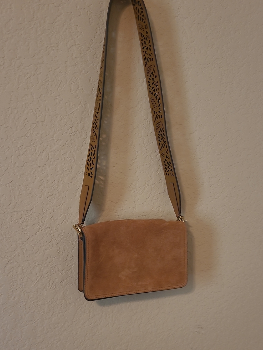 Lucky Brand Tan Suede Crossbody with Laser-Cut Strap